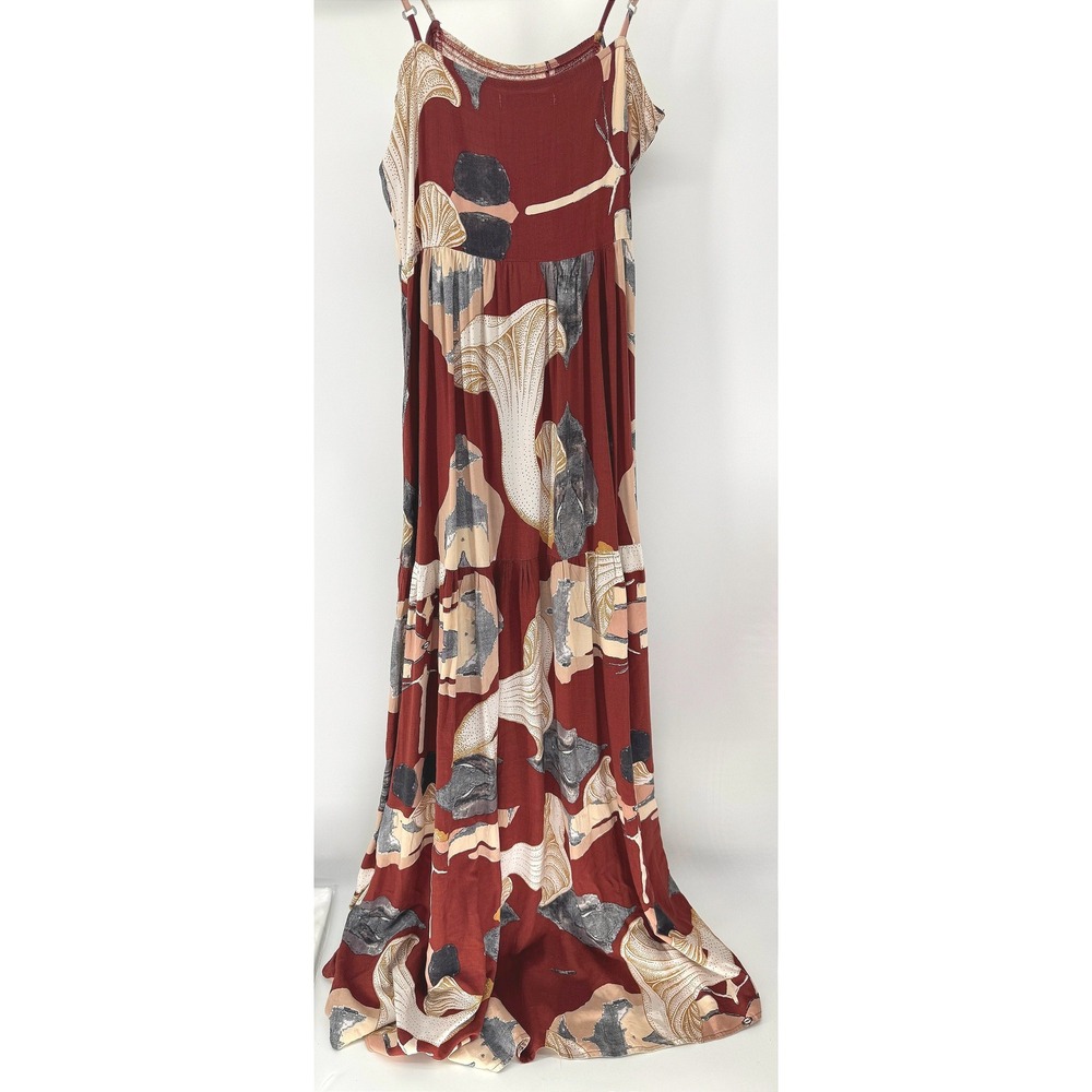 Mushroom Nature Maxi Dress Women XS Burgundy Smocked Tiered Boho Cottagecore